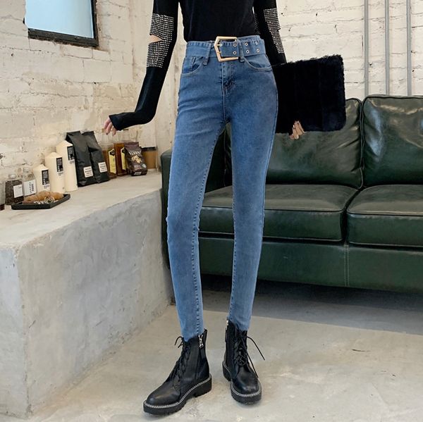 

harajuku new high waist pencil jeans woman with belt for women plus size skinny fashion pockets jeans ladies denim jean femme, Blue