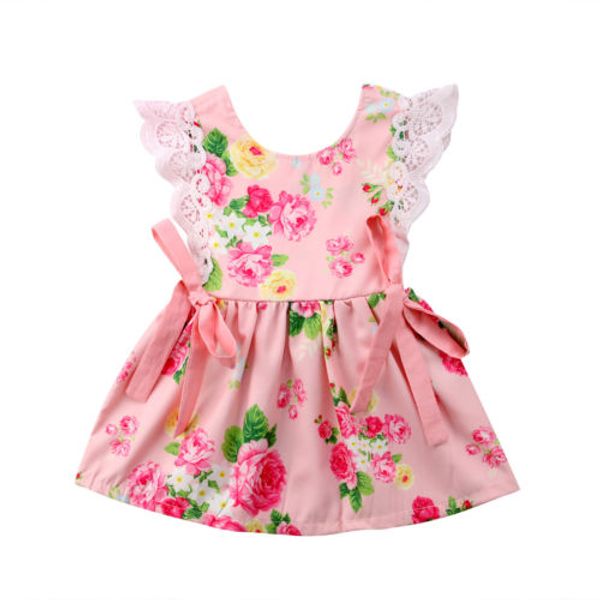 

new princess kids baby girl dress lace floral print bow knot sundress party birthday sleeveless dress summer fashion clothes, Red;yellow