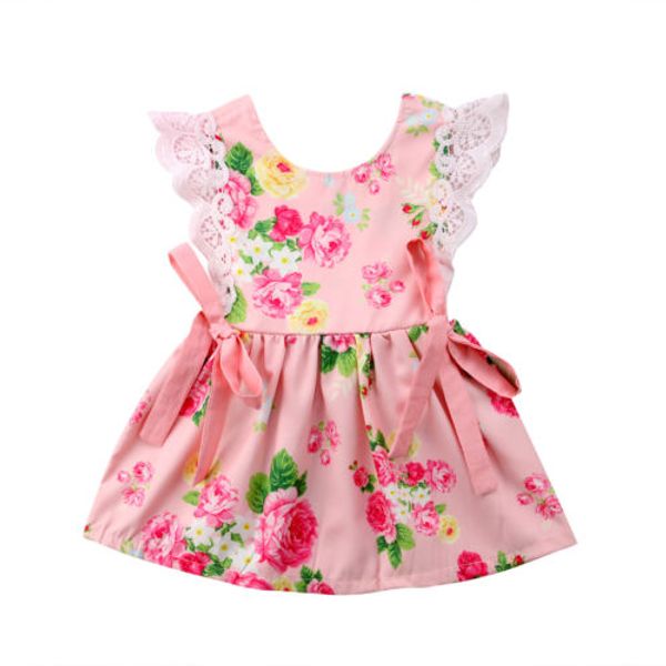 

новая принцесса дети baby girl dress кружева цветочный принт лук узел сарафан вечеринка день рождения платье без рукавов летняя модная одежд, Red;yellow