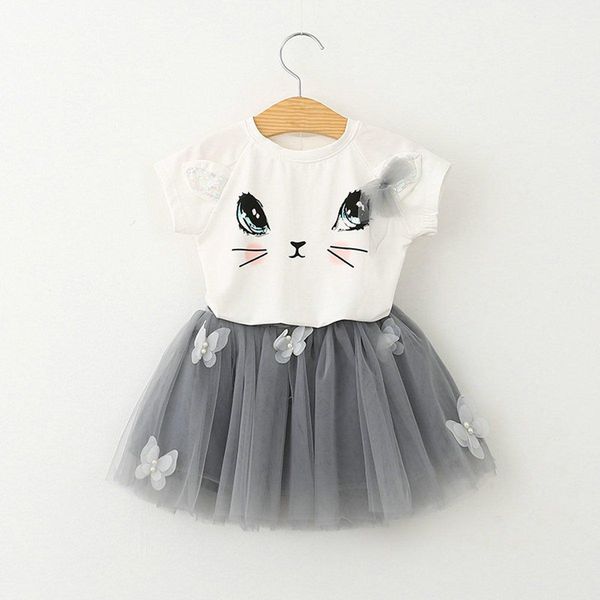 

toddler infant child kids baby girls outfits spring summer clothes cute cat print t shirt tutu skirt dress 2pcs lovely set, White