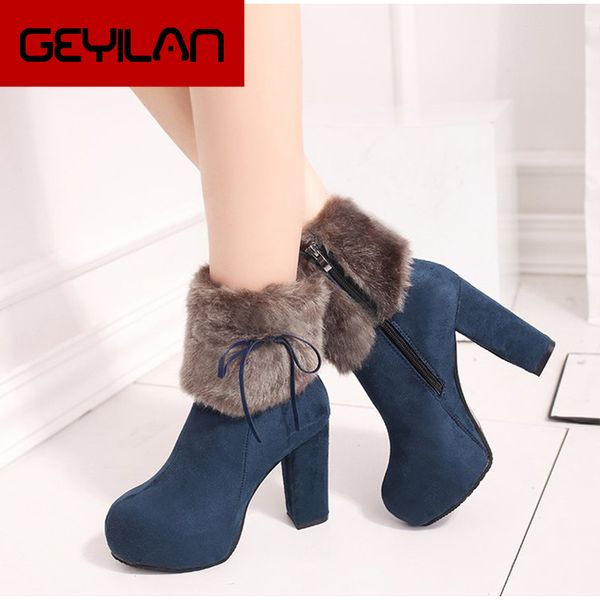 

winter ankle boots women faux fur female zipper bowtie suede women's warm shoes woman elegant ladies high heels shoes, Black
