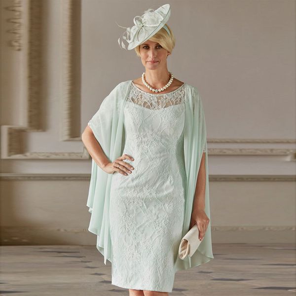 Elegante Mint Mint Green Lace Mãe dos vestidos de noiva Bateau pescoço de mangas curtas Vestido de convidado de casamento com bainha de joelho embrulho vestidos de noite 415