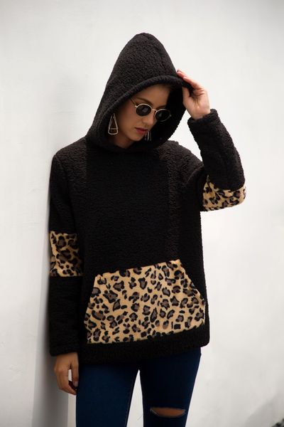 

fashion- patchwork pullover long sleeve zipper sherpa leopard sweatshirt soft fleece hooded outwear with pocket hoodie coat ljja3149, Black