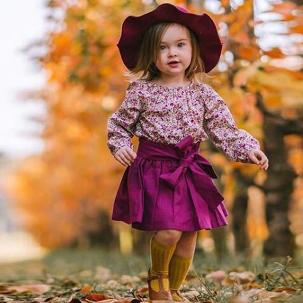 

children cloth dress toddler kids baby girls long sleeve floral romper bodysuit + solid skirt outfit birthday sleeve cartoon, White