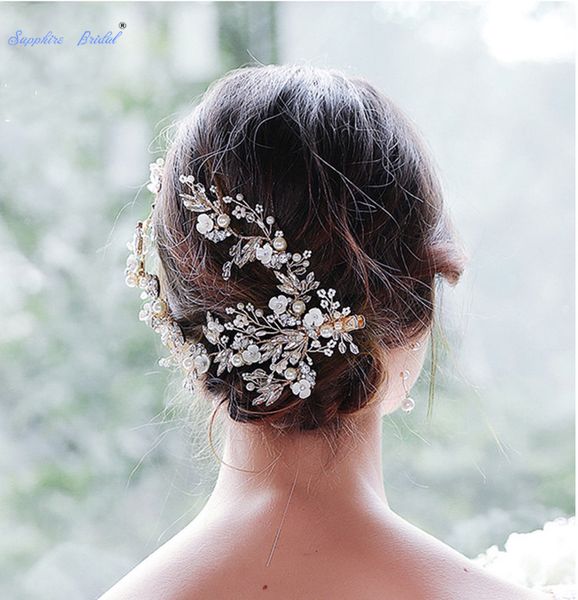 

elegant gold/silver soft pottery flower rhinestone bridal earrings hairpin handmade imitation pearls alloy wedding accesorios