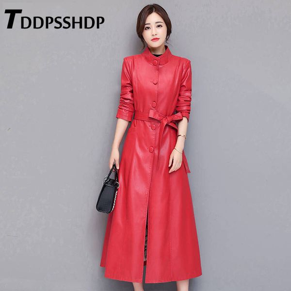 

2019 black and red color women pu jacket long style fashion female coat
