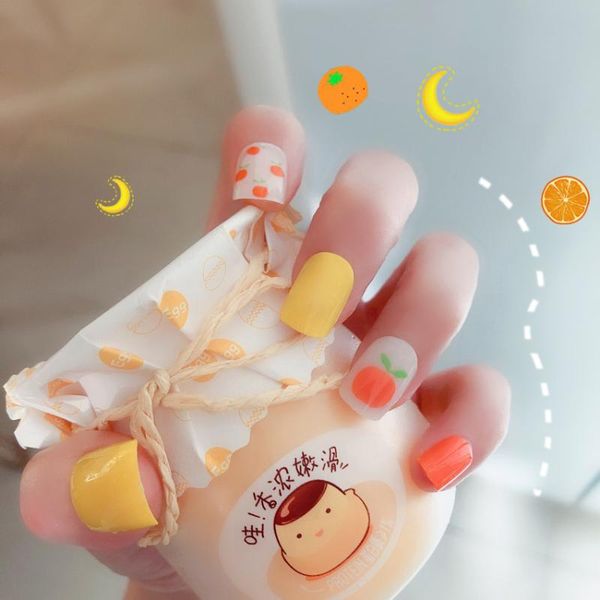 

false nails yellow fruit 24 sheet/set fake nail tips lady orange round cover glue manicure makeup design pure art sticker s63, Red;gold