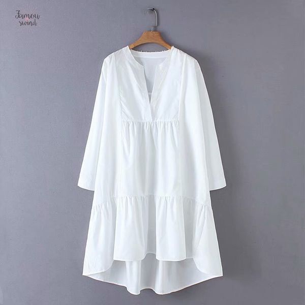 

2019 new dress women v neck solid a line irregular hem a line female sweet long sleeve casual white vestidos, Black;gray