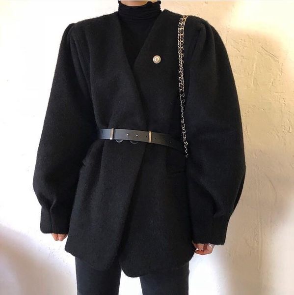 

женщины высокой талией твердые шерстяное пальто фонарь рукав high street v-образным вырезом с поясом длинное пальто женщина вскользь тонкий, Black