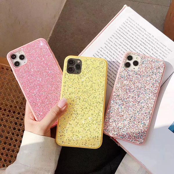 Glitter doce cor de vidro tampa traseira Vegan Bling Bling Gloss Verão Shell telefone para iPhone 11 Pro Max XR XS 8 Plus SE