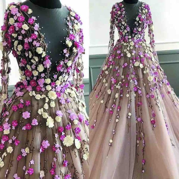 

3d floral appliqued prom dresses 2020 vintage long sleeve flower evening gowns arabic a line party dress vestido de festa, Black