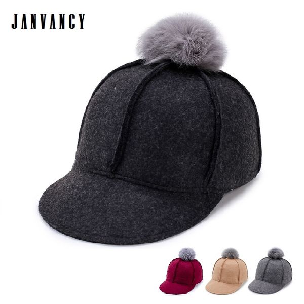 

autumn and winter female woolen cloth hat with furry fluffy pompom streetwear warm vogue red grace polo equestrian, Blue;gray