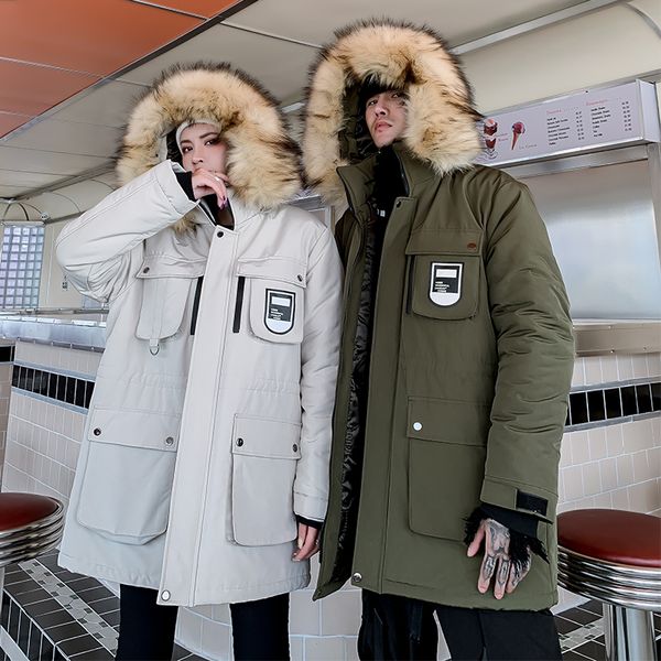

2019 hip hop parka мужчины карго зимней куртки мужчина сгущает с капюшоном outwear теплого пальто повседневной твердой карман пара одежда, Black