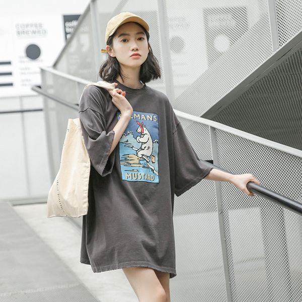 

2019 printed short-sleeved midi women's all-match loose 2019 printed short-sleeved midi women's all-match loose dress pullover t-s, White