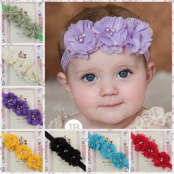 

baby girl headband infant hair chiffon flower tie bows newborn headwear tiara headwrap toddler bandage ribbon flower crystal, Slivery;white