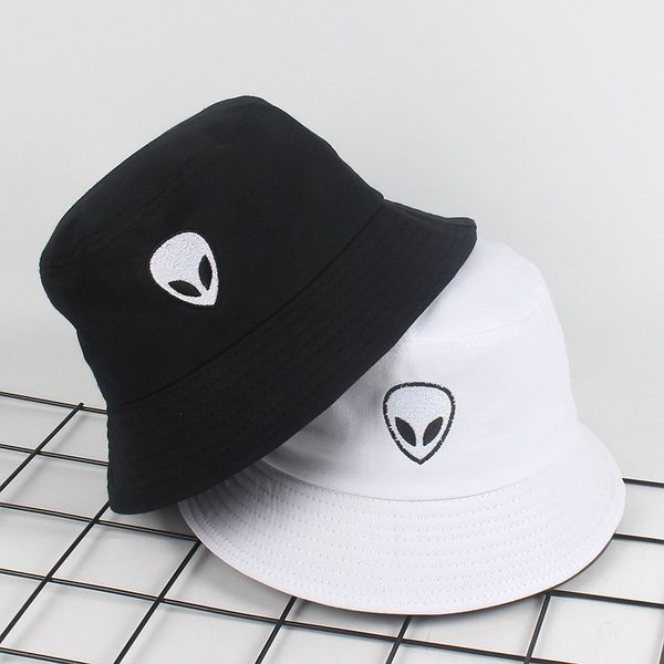 

embroidered bucket hat alien woman korean summer harajuku fisherman fishing sun hats for women hip-hop alien foldable bucket