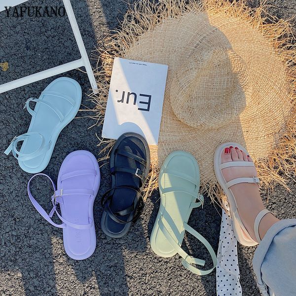 

korean ankle buckle open-toe sandals 2020 summer colors fashion flat casual rome sandals simple students beach shoes, Black