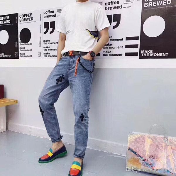 

19 spring and summer ch fashion new cross sewing silver button decorative fit straight cylinder jeans zdl 89, Blue