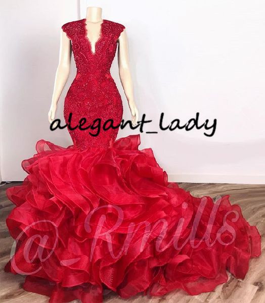 

dark red cascading ruffles prom formal dresses 2020 fashion lace beaded organza v-neck mermaid sweep train evening gowns, Black