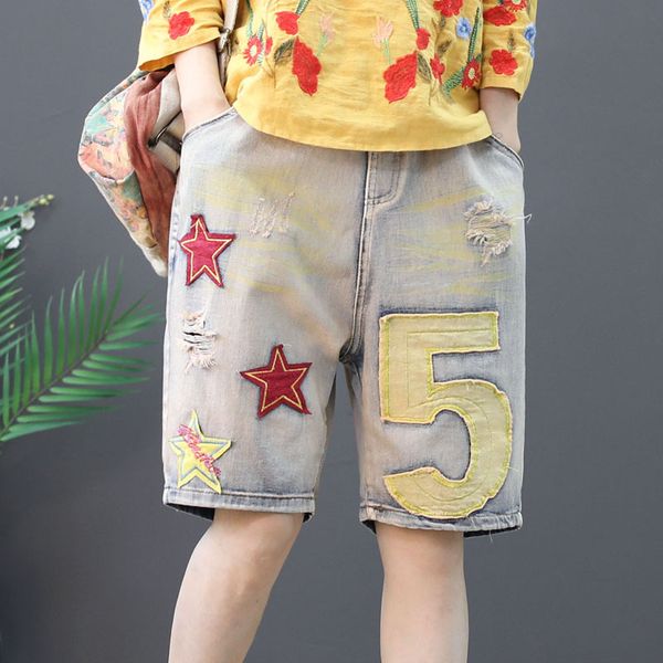 

summer denim shorts women retro hole digital pentagram patchwork elastic high waist female wild straight jeans tide shorts, White;black