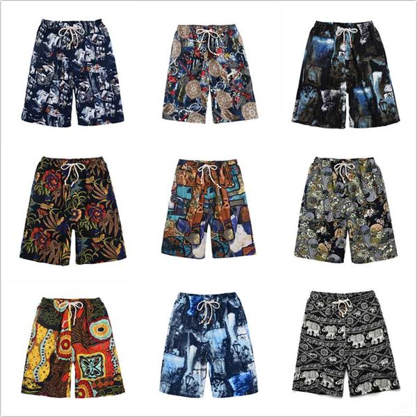 

plus size men clothes new summer men linen print loose beach shorts folk-custom style quick dry man board shorts home casual, White;black