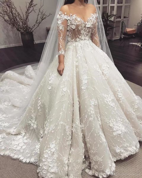 

luxury lace ball gown wedding dress off shoulder long sleeve bridal gown cathedral train dubai arab wedding dress plus size, White