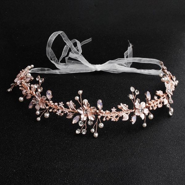

long rose gold color pearl headbands wedding hair jewelry crystal women bridal hair bands leaf flower hair ornament, Golden;white