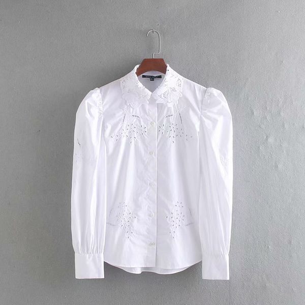 

women hollow embroidery puff sleeve poplin shirt 2019 autumn leisure lady turn-down collar blouse loose s6305, White