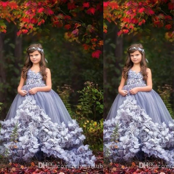 Sier Novo vestidos de concurso barato V Apliques de renda sem mangas de pescoço 3D Flores florais Triered Tule Kids Flower Girls Dress Vesti