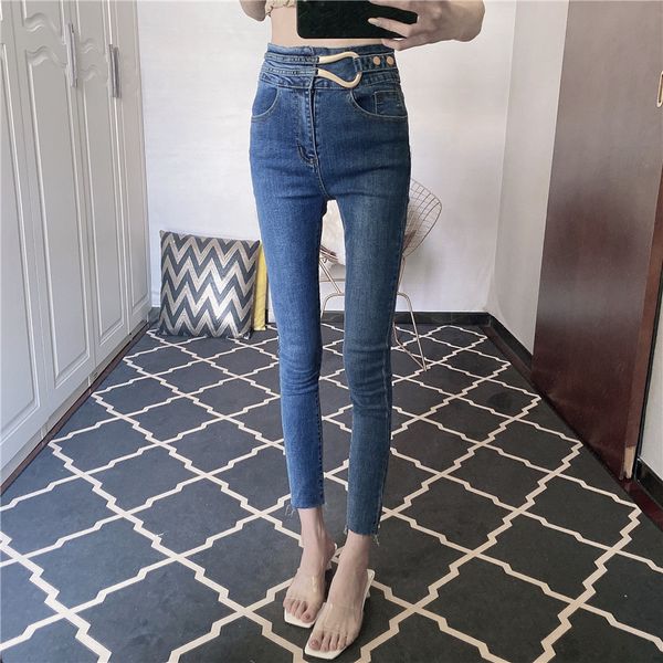 

2020s new korean-style high-waist jeans womens slim-fit all-match tight leggings cropped pants, Blue