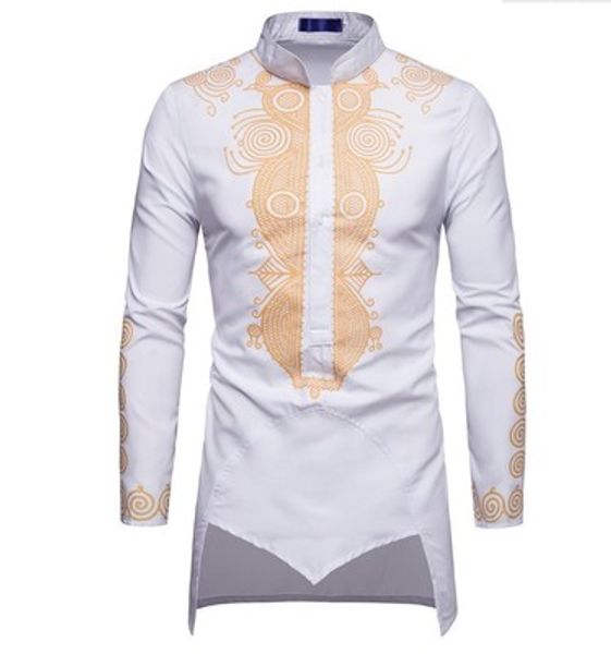 

vintage men's long sleeve shirts printing stand color irregular single breasted shirt, White;black