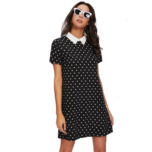 

women dress women clothing collar contrast polka dot straight dress womens black and white short sleeve casual summer womens dresses, Black;gray