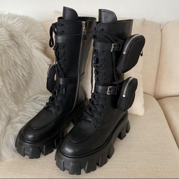 

inter new designer pocket knight boots round toe chunky sole flat platform mid-calf long boots punk shoes, Black