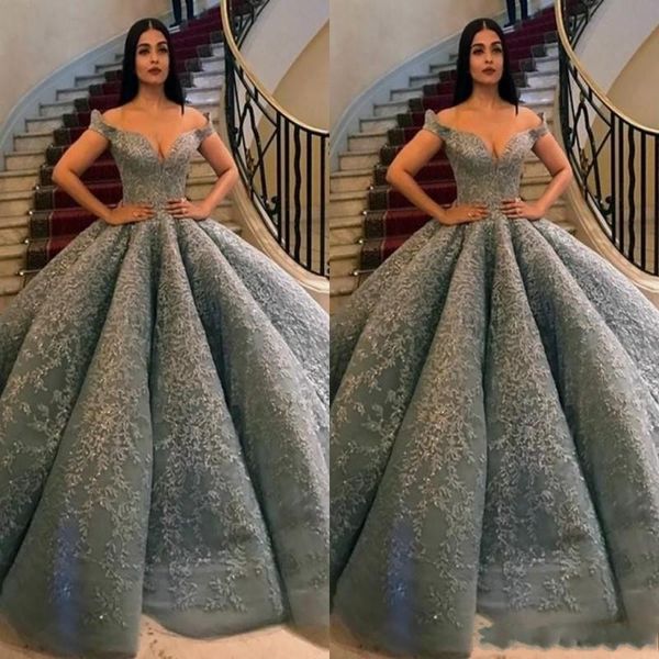 

2020 luxury puffy prom dresses long off shoulder lace appliques beaded formal party gowns ball gown evening dresses plus size