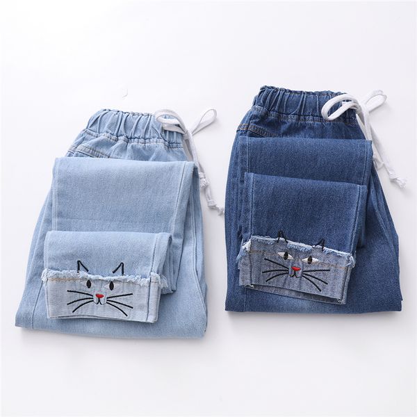 

omikron women boyfriend high waist jeans woman plus size loose jeans cute cat embroidery denim pencil pants push up femme, Blue