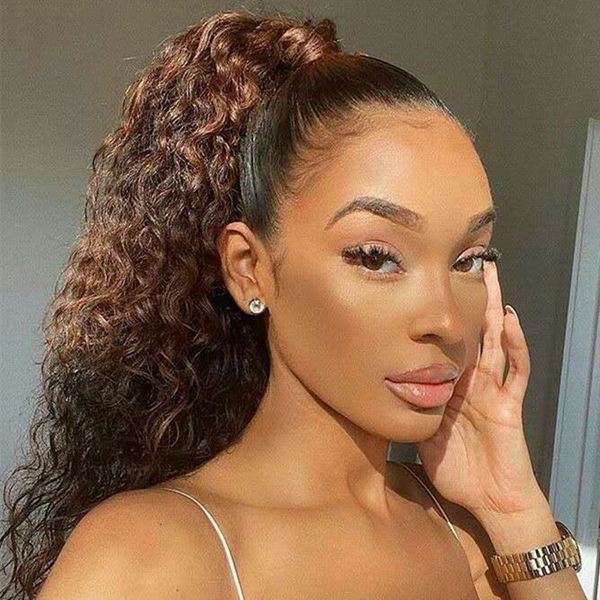 

natural curly high puff wrap drawstring ponytail human hair clip in updo ponytails for african american daily use natural brown color 140g, Black