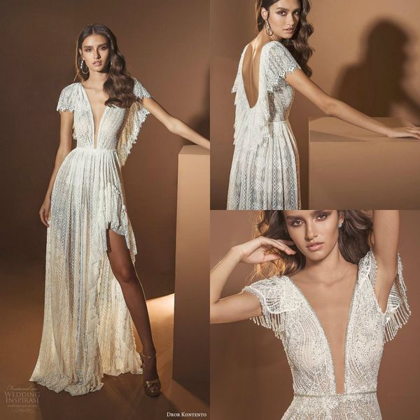 

dror kontento boho wedding dresses 2020 lace beaded a line sweep train beach wedding dress custom made backless bohemian bridal gowns, White