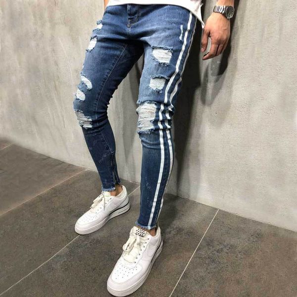 

men stylish ripped hole side stripes jeans biker skinny slim straight frayed denim trousers fashion stretch pencil pants, Blue