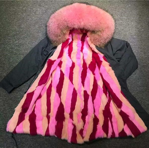 

meifeng brand 4xl 3xl pink raccoon fur trim hoody women snow coats pink red stripe rabbit villus lining grey long parkas, Black
