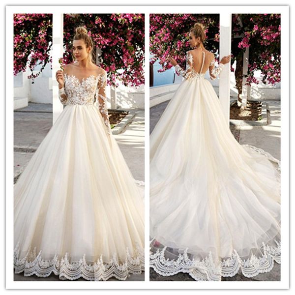 

illusion lace bodice wedding dresses sheer neck transparent back appliqued lace tulle a line bridal gowns with long sleeve robe de mariee, White