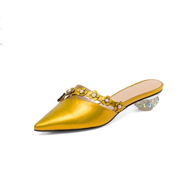 

classic design slippers genuine leather poined toe flower shoes for women elegant high heels pumps working shoes woman, Black