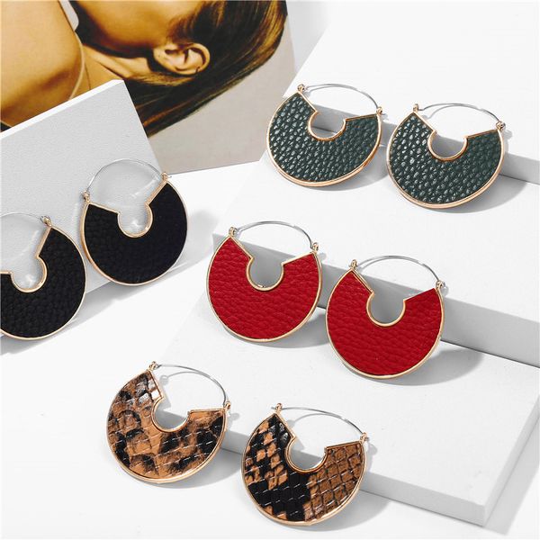

fashion leather circle hoop earrings big round korean earring alloy metal red colorful brincos 2020 new jewelry gift, Golden;silver