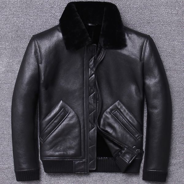 

2019 winter genuine leather jacket men sheep shearling coat for men real wool fur lining motorcycle este cuir homme u804 kj3196, Black