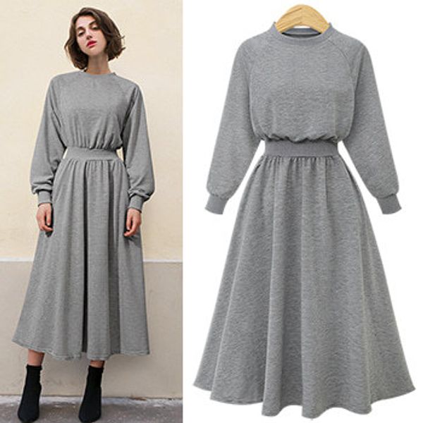 

women's a line dress o neck solid color long sleeve high waist fashion dress
