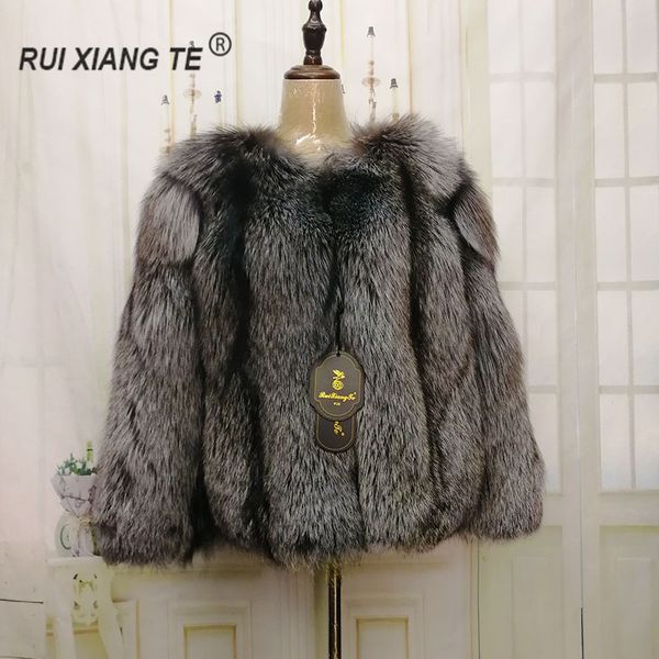 

women real coat natural fox fur coat long winter warm jackets silver fox full pelt luxury ladies fur short, Black