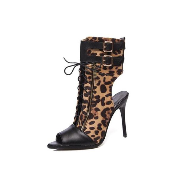 

new leopard grain summer gladiator hollow out cool boots woman shoes high-heeled sandals lace-up plus size, Black