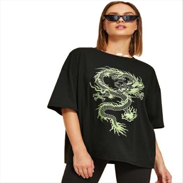 

круглый воротник вязаного чистого верх большого размера дракон футболку свободную короткий рукав дракон футболка женская одежда, White