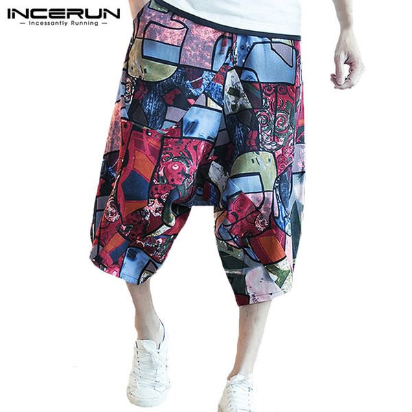 

incerun men harem pants print joggers drop crotch wide leg trousers men streetwear hip-hop loose casual calf-length pants 2019, Black