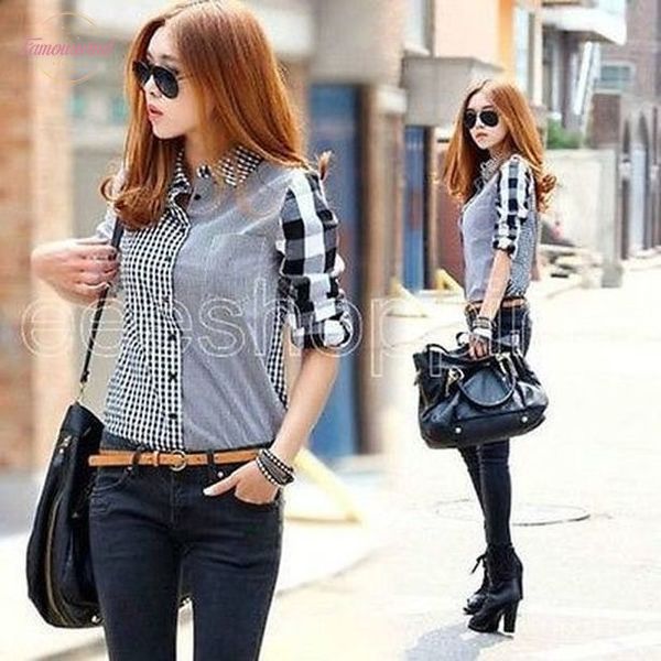 

plaid turn down polyester collar shirt 2020 new spring autumn arrival women loose long sleeve blouses chiffon, White