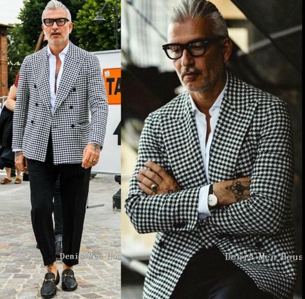 

2020 последний дизайн мужской костюм хаундстут блейзер формальный клетчатый двухсекционный твид лацкан смокинги формальный выпускной вечер, White;black